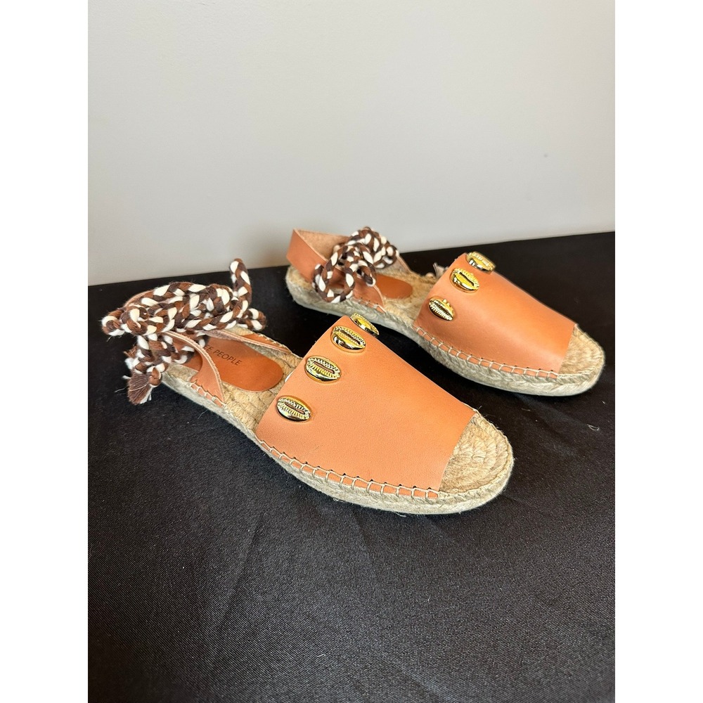 Free People Wander Shell Wrap Espadrilles $178 NEW Tan Leather Sandals - Size 7 - Picture 2 of 4
